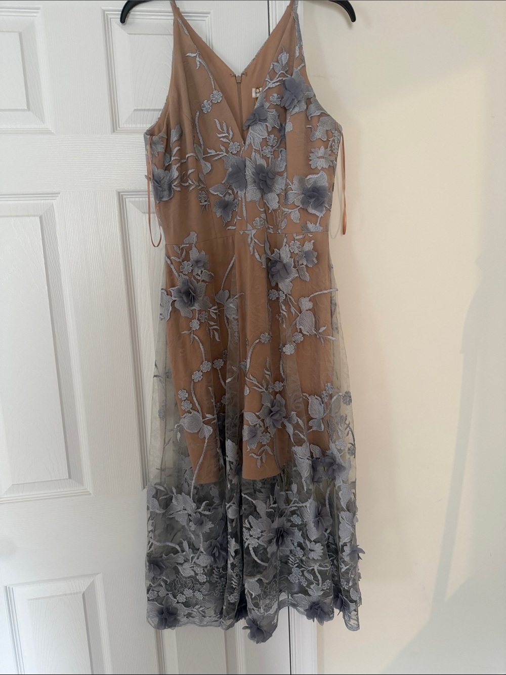 Dress the Population Nude Slip Midi Dress with Gray Floral Embroidery